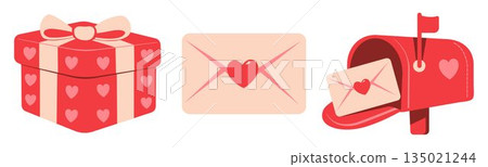 Valentine's Day vector icons set. Love letter, mail box and heart. Set featuring red heart-patterned gift box, pale pink love letter sealed with heart, red mailbox receiving envelope. Vector 135021244