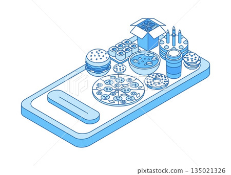 Isometric online food order. Burger pizza noodle japanese sushi on smartphone screen. Delivery service app from restaurant, cafe or bar, nifty vector concept Isometric online food order. Burger pizza noodle japanese sushi on smartphone screen. Delivery service app from restaurant, cafe or bar, nifty vector concept 135021326