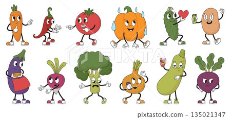 Groovy vegetable characters. Different vegetables with emotions. Isolated funny onion broccoli tomato, pumpkin, pepper. Fresh farm food neoteric vector set 135021347