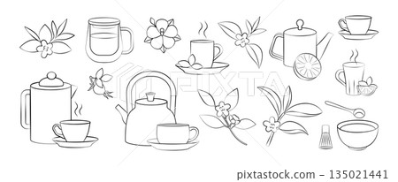 Hand-Drawn Tea Line Elements Set. Green, Black, Fruit and Herbal Tea in Retro Sketch Style, in a vector illustration 135021441