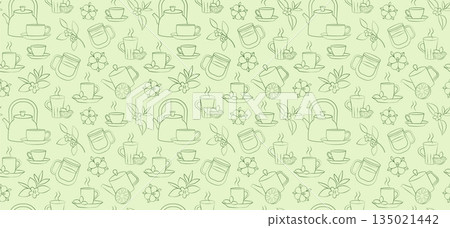 Seamless Tea Pattern in Line Art Style. Hand-Drawn Herbal and Fruit Tea Background, in a vector illustration Seamless Tea Pattern in Line Art Style. Hand-Drawn Herbal and Fruit Tea Background, in a vector illustration 135021442