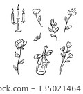 Set of black doodle bottle champagne, candle and flowers 135021464