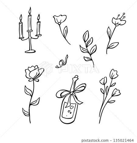 Set of black doodle bottle champagne, candle and flowers 135021464