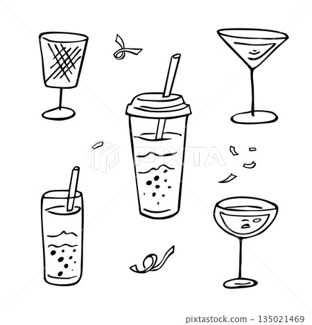 Set of black doodle glasses and drinks 135021469