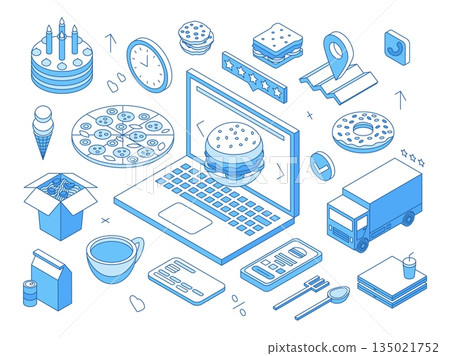 Isometric food order online. Delivery meals to home or office. Ordering burger, pizza, asian noodles or sandwich. Fast breakfast or dinner, tasty meals, nifty vector concept 135021752