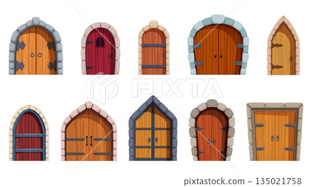 Cartoon castle doors. Medieval wooden door with iron elements and stone arches. Fairy tale building entrances, old style architecture details, sapid vector set 135021758