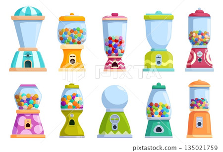 Gumball vending machine. Colorful candies or bubblegum in glass dispensers. Kids containers for market, stores, shopping mall, sapid vector clipart 135021759