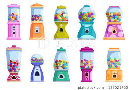 Cartoon candy machine. Vending machines with colorful gumballs and candies. Sweets in glass dispenser for office, mall, stores, kids zones, sapid vector set 135021760