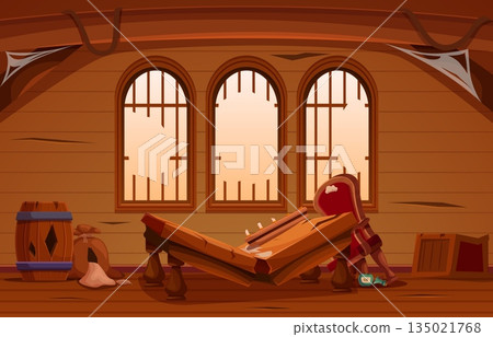 Abandoned captain cabin. Ship room with broken furniture. Broken windows, cobwebs on walls, destroyed wooden tables, chair and barrels, sapid vector scene Abandoned captain cabin. Ship room with broken furniture. Broken windows, cobwebs on walls, destroyed wooden tables, chair and barrels, sapid vector scene 135021768