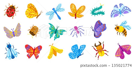 Chalk drawing insects. Children style drawn butterfly, bug, bee, ladybug and dragonfly. Colored pencil or crayon sketch insect, seasonal characters neoteric vector set 135021774