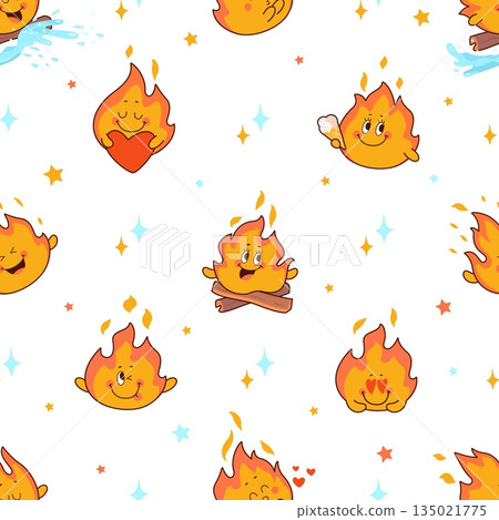Funny fire characters seamless pattern. Emotional flames, fires with heart, ice cream, smile. Colorful print for fabric, wrapping, wallpaper, nowaday vector background Funny fire characters seamless pattern. Emotional flames, fires with heart, ice cream, smile. Colorful print for fabric, wrapping, wallpaper, nowaday vector background 135021775