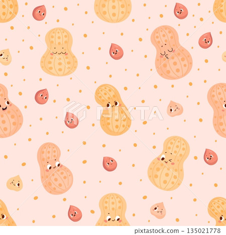 Cute peanuts seamless pattern. Peanut in shell and beans. Funny snacks characters. Cartoon print template for fabric design, nowaday vector background Cute peanuts seamless pattern. Peanut in shell and beans. Funny snacks characters. Cartoon print template for fabric design, nowaday vector background 135021778