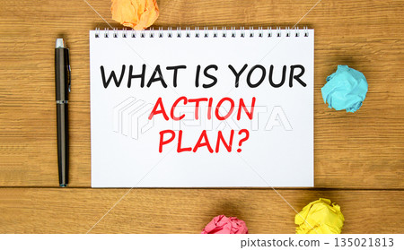 What is your action plan symbol. Concept words What is your action plan on beautiful white note. Beautiful wooden background. Black pen. Business what is your action plan concept. Copy space. 135021813