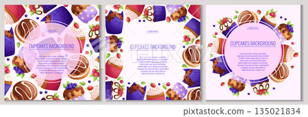 A set of colorful backgrounds with delicious cupcakes and muffins. The concept of confectionery, baking, cooking. Vector illustration for the design of posters, flyers, postcards and invitations 135021834