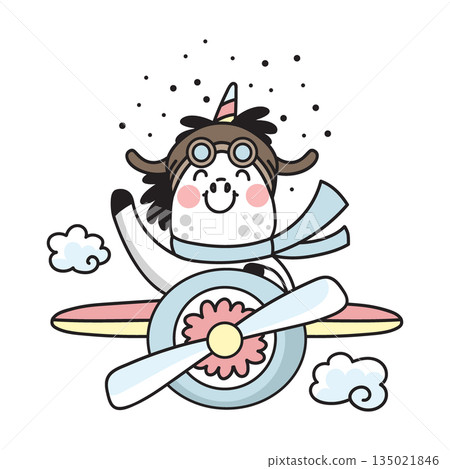 Cute unicorn pilot is flying in an airplane colored illustration Cute unicorn pilot is flying in an airplane colored illustration 135021846