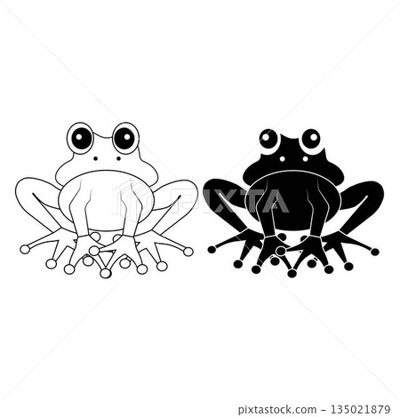 Cute frog cartoon illustration in simple black and white style. Smiling frog character with minimal design isolated on white background. Suitable for children illustration educational content mascot Cute frog cartoon illustration in simple black and white style. Smiling frog character with minimal design isolated on white background. Suitable for children illustration educational content mascot 135021879