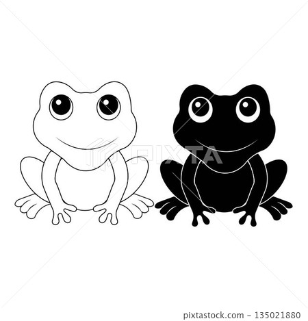 Cute frog cartoon illustration in simple black and white style. Smiling frog character with minimal design isolated on white background. Suitable for children illustration educational content mascot Cute frog cartoon illustration in simple black and white style. Smiling frog character with minimal design isolated on white background. Suitable for children illustration educational content mascot 135021880