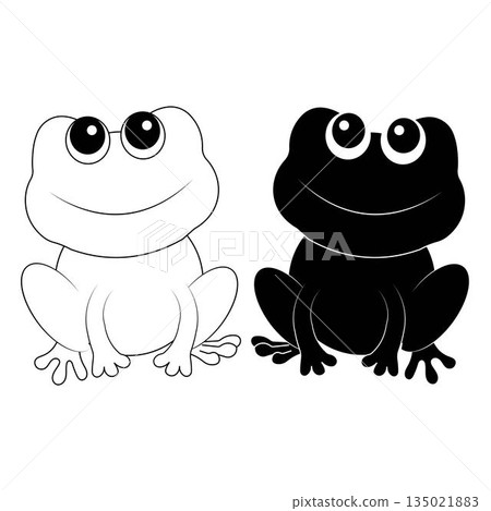 Cute frog cartoon illustration in simple black and white style. Smiling frog character with minimal design isolated on white background. Suitable for children illustration educational content mascot Cute frog cartoon illustration in simple black and white style. Smiling frog character with minimal design isolated on white background. Suitable for children illustration educational content mascot 135021883