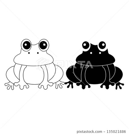 Cute frog cartoon illustration in simple black and white style. Smiling frog character with minimal design isolated on white background. Suitable for children illustration educational content mascot 135021886