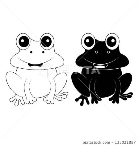 Cute frog cartoon illustration in simple black and white style. Smiling frog character with minimal design isolated on white background. Suitable for children illustration educational content mascot 135021887