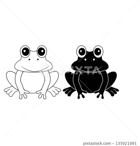 Cute frog cartoon illustration in simple black and white style. Smiling frog character with minimal design isolated on white background. Suitable for children illustration educational content mascot Cute frog cartoon illustration in simple black and white style. Smiling frog character with minimal design isolated on white background. Suitable for children illustration educational content mascot 135021891