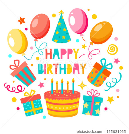 Happy birthday greeting card with balloons and cake Happy birthday greeting card with balloons and cake 135021935
