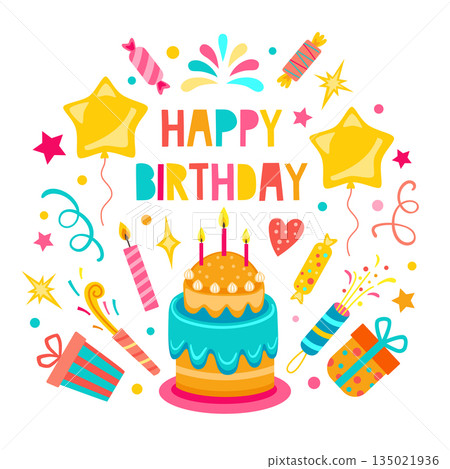 Happy birthday greeting card with sweets and balloons 135021936