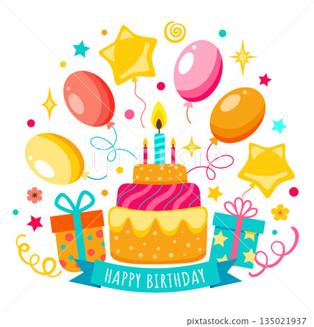 Happy birthday greeting card with gifts and cake 135021937