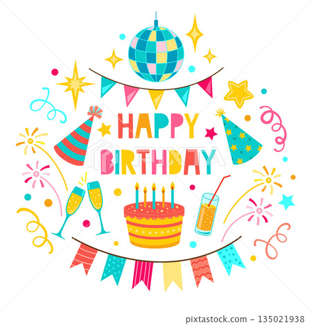 Happy birthday greeting card with festive decorations Happy birthday greeting card with festive decorations 135021938