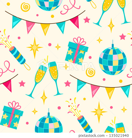 Happy birthday pattern with festive decorations, disco ball and champagne. 135021940