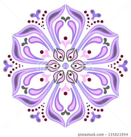 Fantasy stylized flower. Ornamental filigree round design element. Purple pink plant Indian mandala ornament. Ethnic oriental floral decor Fantasy stylized flower. Ornamental filigree round design element. Purple pink plant Indian mandala ornament. Ethnic oriental floral decor 135021954