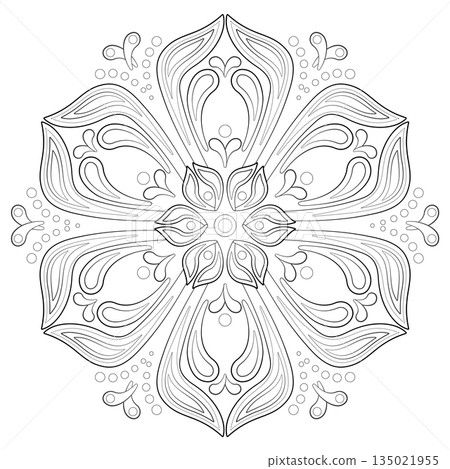 Fantasy stylized flower coloring page. Monochrome plant Indian mandala ornament. Ornamental filigree round design element. Ethnic oriental plant decor Fantasy stylized flower coloring page. Monochrome plant Indian mandala ornament. Ornamental filigree round design element. Ethnic oriental plant decor 135021955
