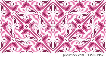 Complex kaleidoscope ornament. Seamless pattern of curved lines and shapes. Mosaic tile decor in folk style and red pink colors. 135021957