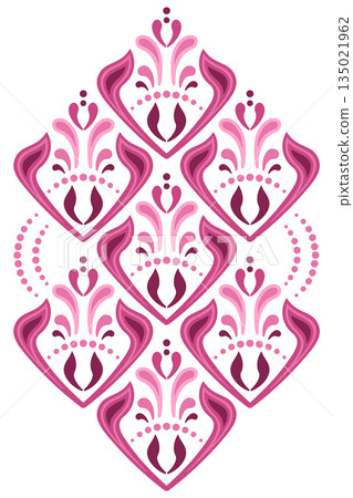 Ornamental element of curved lines. Mosaic tile decor in folk style and red pink colors. Floral Indian ornament. Ethnic red pink colorful ornament 135021962