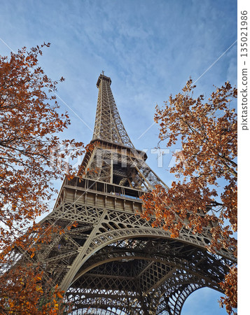 Eiffel Tower view from behind autumn trees against a crisp blue sky. The iconic iron structure emphasizing its massive scale and intricate lattice design Eiffel Tower view from behind autumn trees against a crisp blue sky. The iconic iron structure emphasizing its massive scale and intricate lattice design 135021986