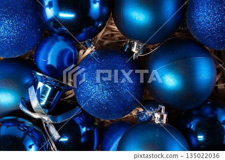 Blue Christmas Ornaments - Holiday Decoration Close-Up Blue Christmas Ornaments - Holiday Decoration Close-Up 135022036