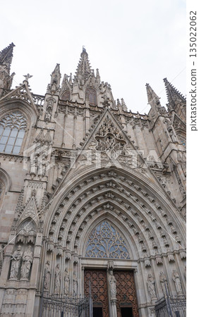 Detailed facade of the barcelona cathedral entrance, made on stone in gothic architectural style 135022062