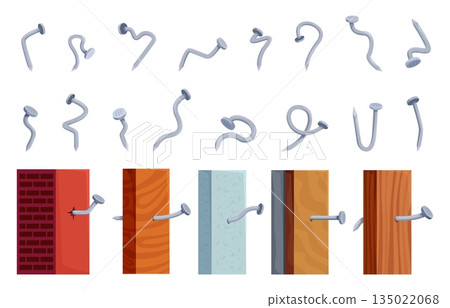 Isolated steel nails. New iron nail driven into wood, concrete and brick walls. Curved elements for repair and construction. Carpentry sapid vector clipart 135022068