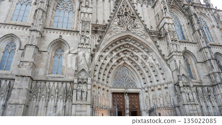 Detailed facade of the barcelona cathedral entrance, made on stone in gothic architectural style 135022085