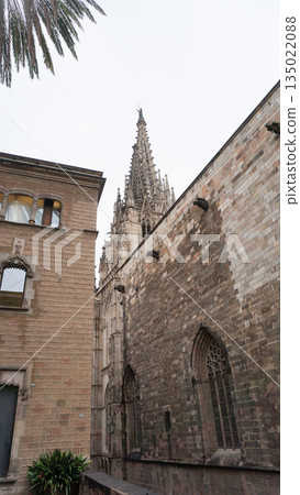 Detailed facade of the barcelona cathedral entrance, made on stone in gothic architectural style Detailed facade of the barcelona cathedral entrance, made on stone in gothic architectural style 135022088
