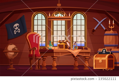 Pirate ship captain cabin. Cartoon interior with wooden table, barrels, rum bottle, chair and antique globe. Wood room on boat, sea adventures sapid vector scene Pirate ship captain cabin. Cartoon interior with wooden table, barrels, rum bottle, chair and antique globe. Wood room on boat, sea adventures sapid vector scene 135022111