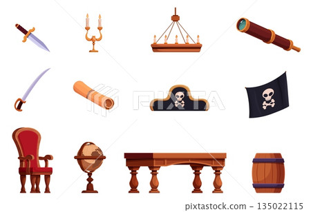 Pirate ship furniture. Wooden table and chair, antique globe, pirates flag and hat. Barrel for rum, candles, knife and saber. Vintage adventures sapid vector set 135022115