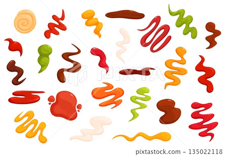 Cartoon sauces splashes. Sauce splash, drops mayonnaise, ketchup, soy. Sour cream, bbq and mustard dips. Tasty food dressing, sapid vector set 135022118