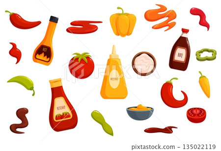 Hot sauces. Mustard, ketchup, bbq and chili sauce in plastic bottles. Peppers and mayonnaise in bowl top view, soy, tomato drops, sapid vector clipart Hot sauces. Mustard, ketchup, bbq and chili sauce in plastic bottles. Peppers and mayonnaise in bowl top view, soy, tomato drops, sapid vector clipart 135022119