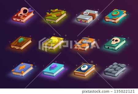 Old magic books. Book of spells for wizard, witch, magical creatures. Notebooks with covers decorated skulls, gemstones, plants, sapid vector clipart 135022121