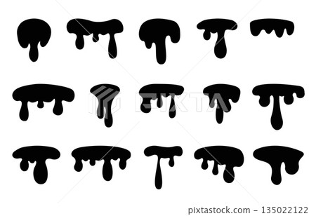 Black dripping flows. Oil flow, ink drops isolated. Decorative liquid elements for design. Drips different liquids substances, sapid vector silhouettes Black dripping flows. Oil flow, ink drops isolated. Decorative liquid elements for design. Drips different liquids substances, sapid vector silhouettes 135022122
