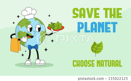 Earth day poster with groovy planet. Funny retro planet character with plate of salad. Unusual waiter character, save environment, neoteric vector banner 135022125