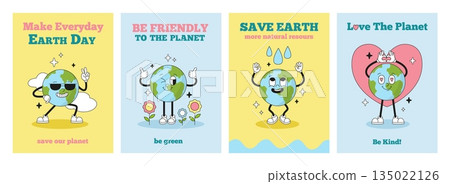 Earth planet character posters. Groovy trendy style banners, eco cards with funny characters. Environment, ecology, positive neoteric vector templates 135022126