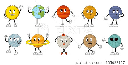 Groovy planet characters. Vintage solar system planets with funny faces. Positive earth, sun, venus, saturn, pluto, mars. Isolated neoteric vector clipart Groovy planet characters. Vintage solar system planets with funny faces. Positive earth, sun, venus, saturn, pluto, mars. Isolated neoteric vector clipart 135022127
