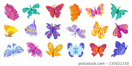 Hand drawn chalk butterfly. Crayon butterflies, seasonal flying insects children style pencil drawing. Isolated wildlife characters with ornament, neoteric vector set Hand drawn chalk butterfly. Crayon butterflies, seasonal flying insects children style pencil drawing. Isolated wildlife characters with ornament, neoteric vector set 135022130